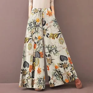Pantaloni da donna a gamba larga con stampa floreale Primavera Autunno Moda con coulisse Pantaloni Bohemia da donna Pantalon in vita elastica allentata casual 1