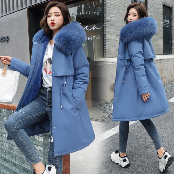Parka invernale 2024 nuove donne giacca vestiti cappotto lungo fodera in lana giacca con cappuccio collo di pelliccia spesso caldo abbigliamento da neve moda Parka 3