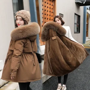 Parka da donna moda cappotto lungo fodera in lana Parka con cappuccio 2025 nuova giacca invernale sottile con collo in pelliccia abbigliamento da neve caldo imbottito 1
