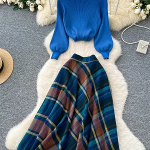 SINGREINY Moda Primavera Lavorato A Maglia Due Pezzi Set Donne Pullover Allentati + Plaid Una Linea Gonna Lunga High Street Stampa Abiti Casual 1