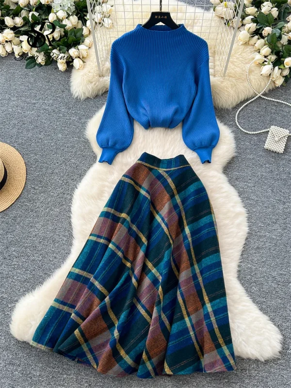 SINGREINY Moda Primavera Lavorato A Maglia Due Pezzi Set Donne Pullover Allentati + Plaid Una Linea Gonna Lunga High Street Stampa Abiti Casual 1