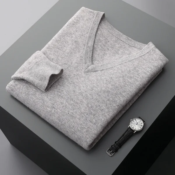 Autunno e inverno nuovi uomini con scollo a V in cashmere allentato ispessito tinta unita in lana lavorata a maglia che tocca il fondo camicia business casual maglione 3