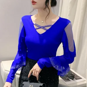 2025 Primavera Estate Maglia Top Moda coreana Girocollo Patchwork Foglia di loto Increspature Camicia Hot Diamond Donna T Shirt 1