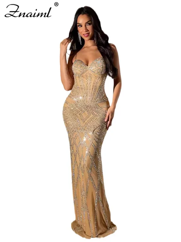 Znaiml Luxury Women Celebrity Spaghetti Strap senza maniche Prom formale sirena Maxi abito sexy scintillante strass compleanno Vestido 5