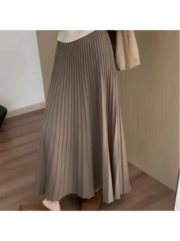 2026 Gonna longuette lavorata a maglia in cashmere kaki da donna, vestibilità ampia, drappeggiata, gonna a pieghe a trapezio snellente per l'autunno e l'inverno 5