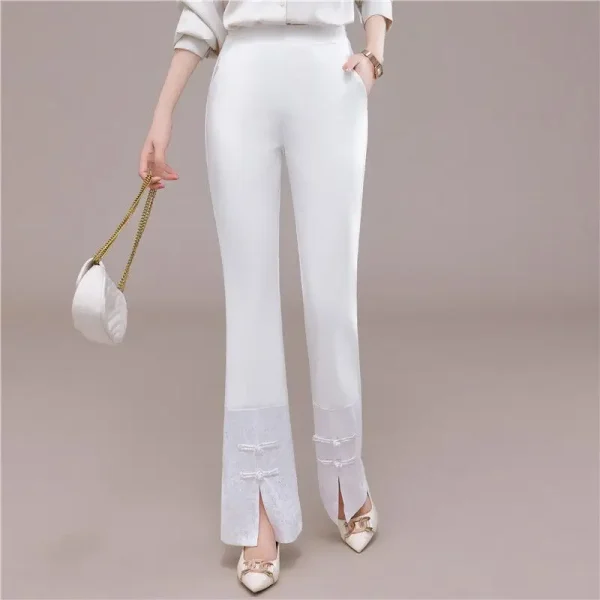 Pantaloni casual da donna Pantaloni svasati in chiffon slim fit Pantaloni da donna in raso Abbigliamento slim fit Set a vita alta Autunno Nuovo articolo W48 4