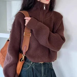2025 New Fashion Mezza Collo Alto Cerniera Maglione Lavorato a Maglia Maglione di Colore Solido delle Donne Casual Allentato Crop Top in Maglia Elegante Pullover 1