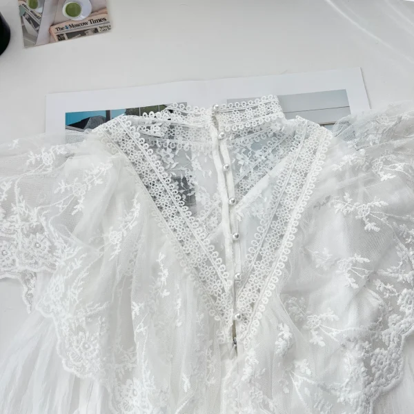 Abito da fata in pizzo bianco Donna Stile vittoriano vintage Manica lunga Collo semi-alto Abiti lunghi da donna romantici Vestido Branco 6