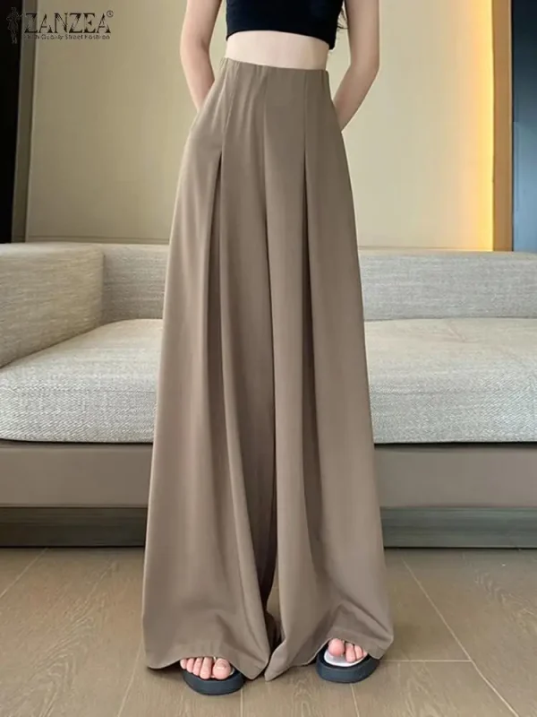 Pantaloni vintage a gamba larga Donna 2024 Pantaloni da abito autunnale ZANZEA Elegante OL Pantaloni solidi Capris Vita alta oversize Pantalon Palazzo 3