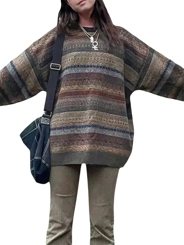 Maglione con stampa a righe Vintage da donna girocollo manica lunga moda autunno Casual Pullover allentato maglione top 2024 nuovo Streetwear 2