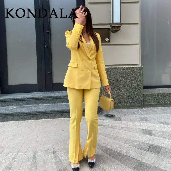 KONDALA 2025 Autunno Inverno Burro Giallo Office Lady Abiti Moda Doppio Petto Coprispalle Couverture Colletto Blazer Chic Pantaloni solidi 4