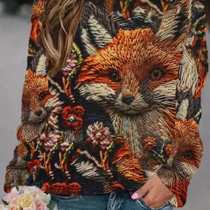 Maglione con stampa animalier volpe maglione casual girocollo a maniche lunghe adatto per abbigliamento donna primaverile e autunnale 1