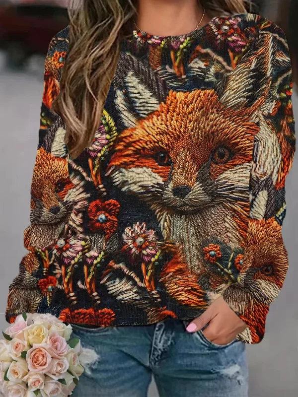 Maglione con stampa animalier volpe maglione casual girocollo a maniche lunghe adatto per abbigliamento donna primaverile e autunnale 1